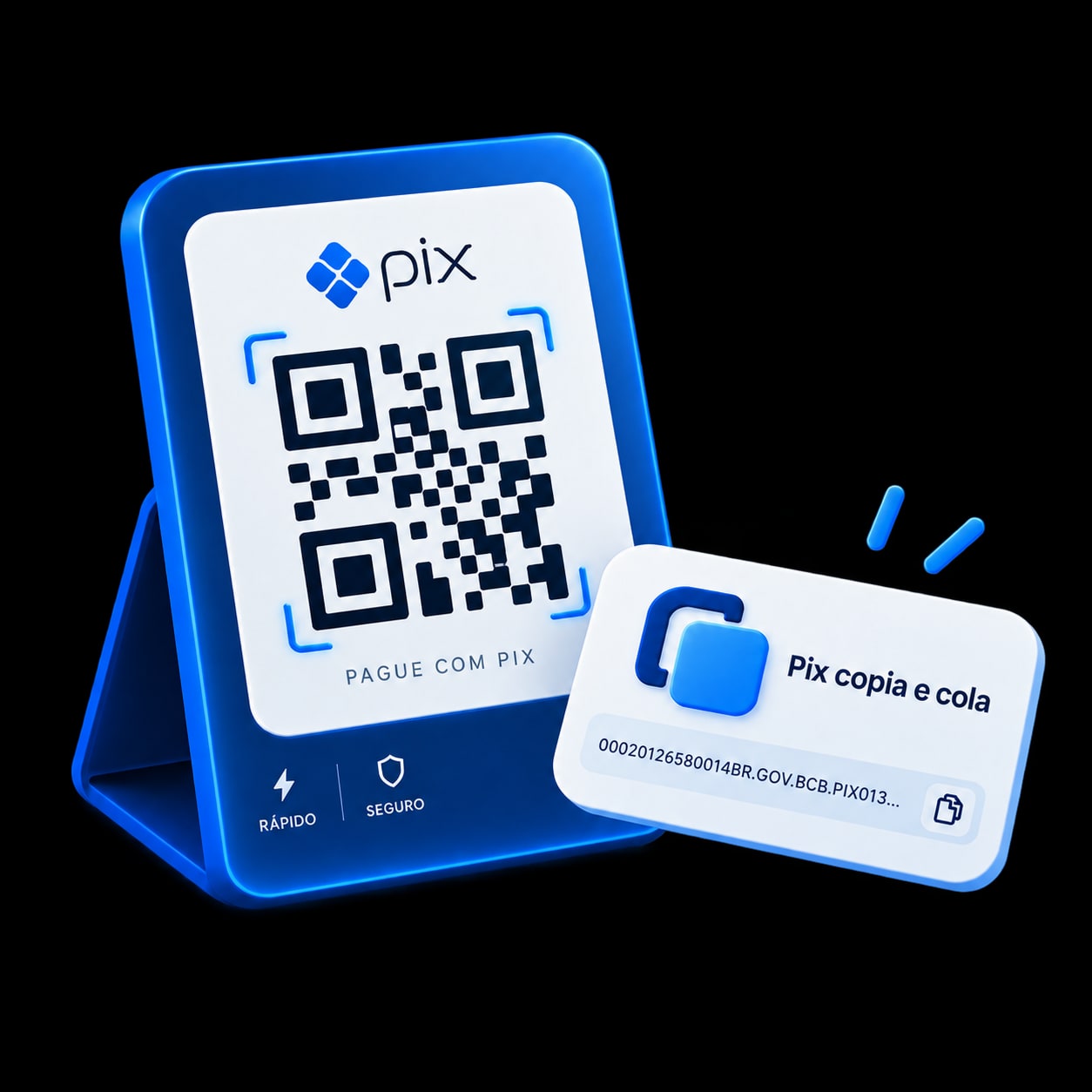 Renderização conceitual de QR Code e PIX copia e cola. A ilustração não é um código de pagamento.